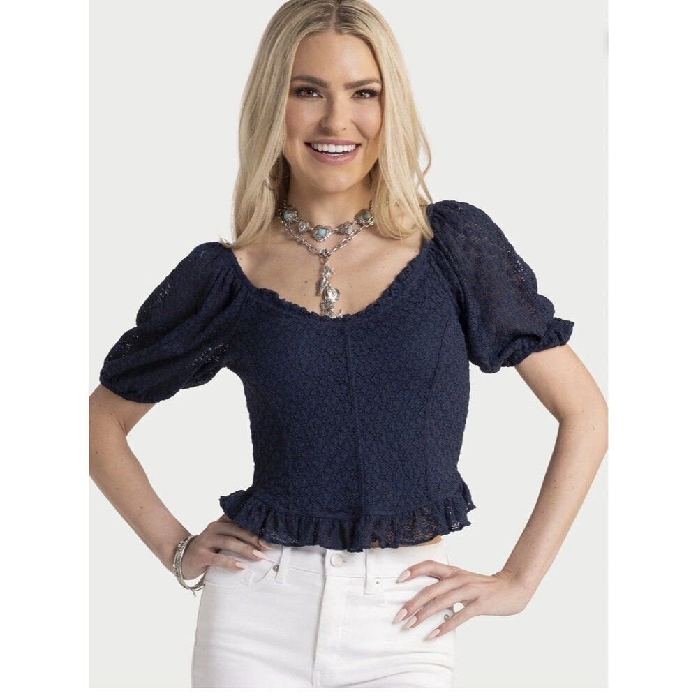 Jessica Simpson Lace Puff Sleeve Crop Top Navy Blue Peplum Cottagecore Size M